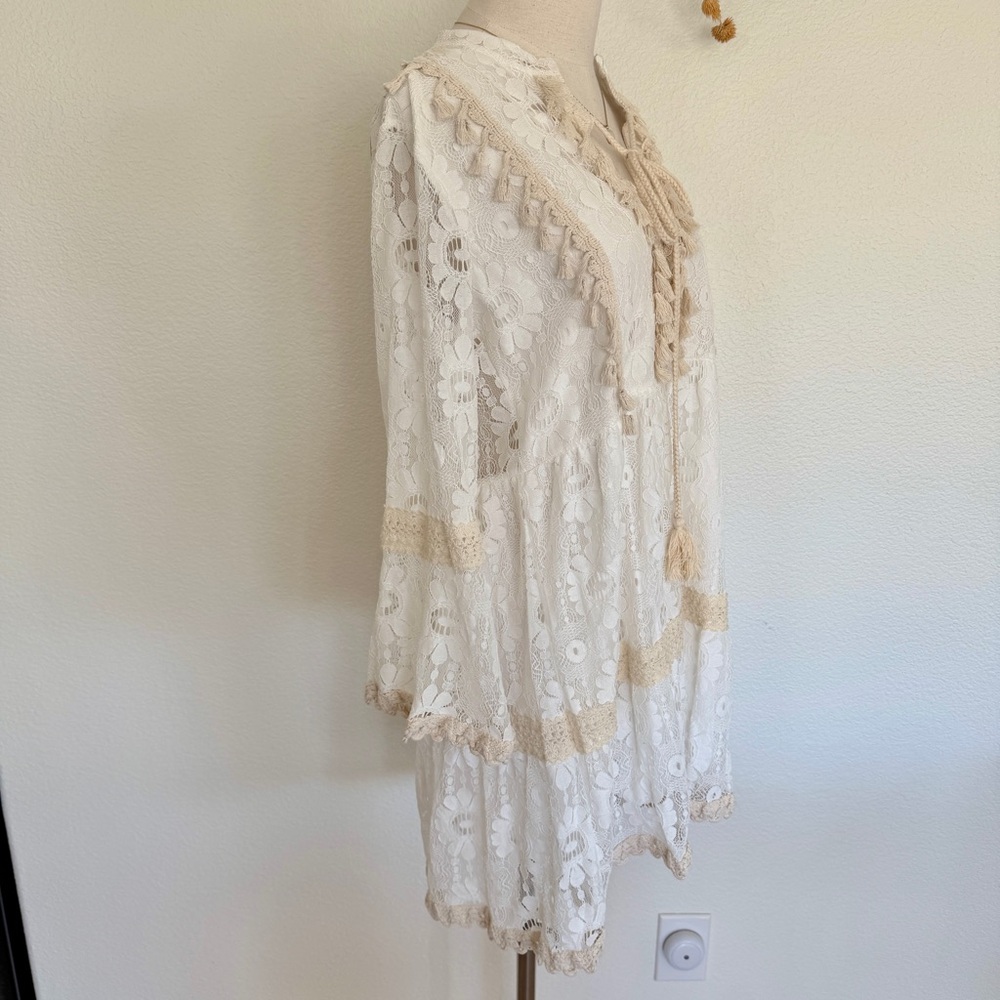 🇬🇷 Greek Santorini Lace Boho Dress with Tassels White Beige - Picture 2 of 13